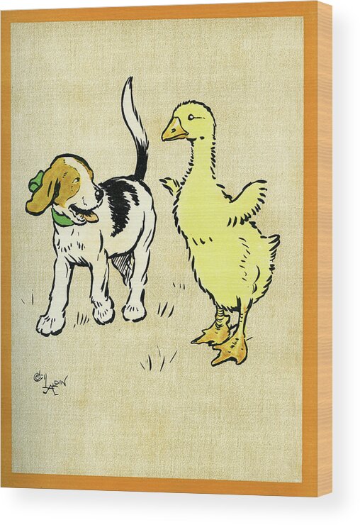 Puppy Wood Print featuring the mixed media Illustration of puppy and gosling by Cecil Aldin