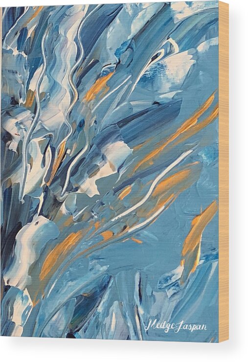 Garden Blue Gold Sea. Sky Wood Print featuring the painting Jardin bleu by Medge Jaspan