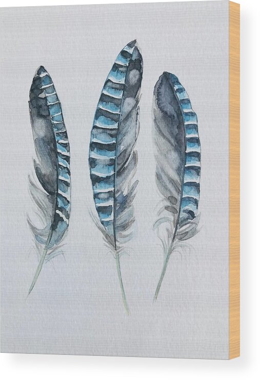Feather Wood Print featuring the painting Jay Feathers by Luisa Millicent