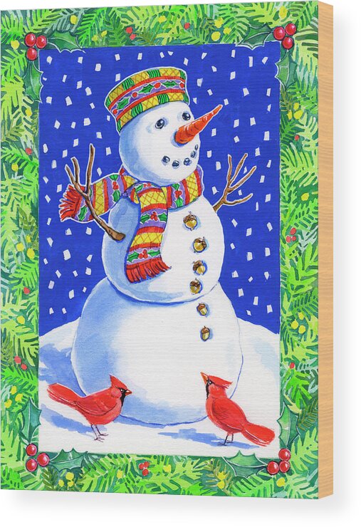 Joyful Snowman Wood Print featuring the painting Joyful Snowman by Geraldine Aikman