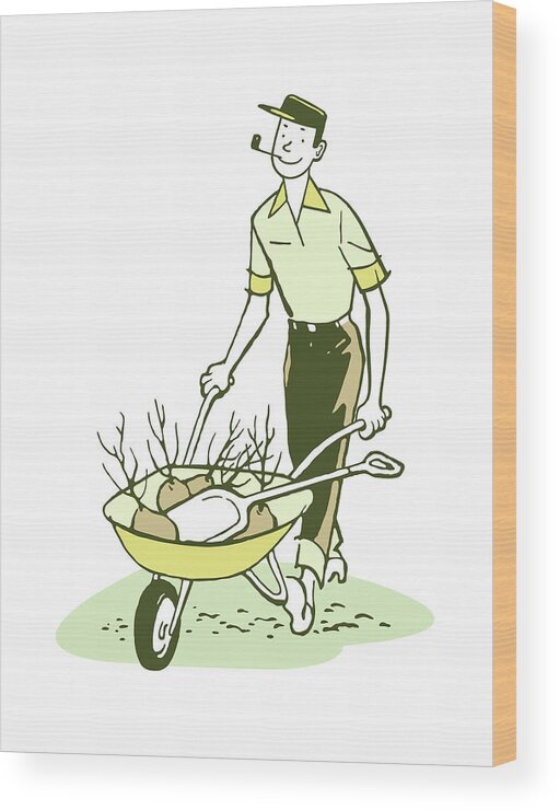 Adult Wood Print featuring the drawing Man with Trees in Wheelbarrow by CSA Images