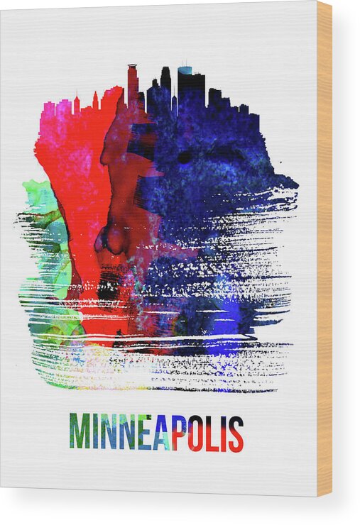 Minneapolis Wood Print featuring the mixed media Minneapolis Skyline Brush Stroke Watercolor  by Naxart Studio