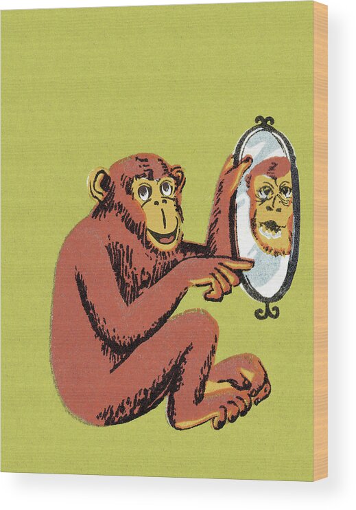 Animal Wood Print featuring the drawing Monkey Pointing at Mirror by CSA Images
