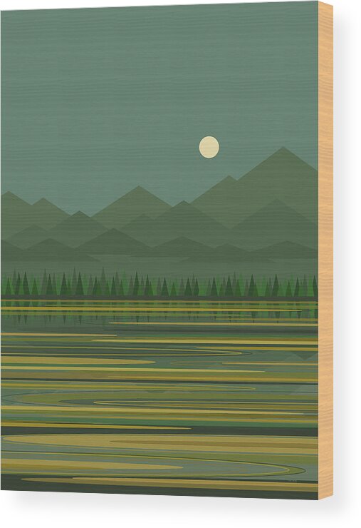 Mountain Lake Moon Wood Print featuring the digital art Mountain Lake Moon by Val Arie