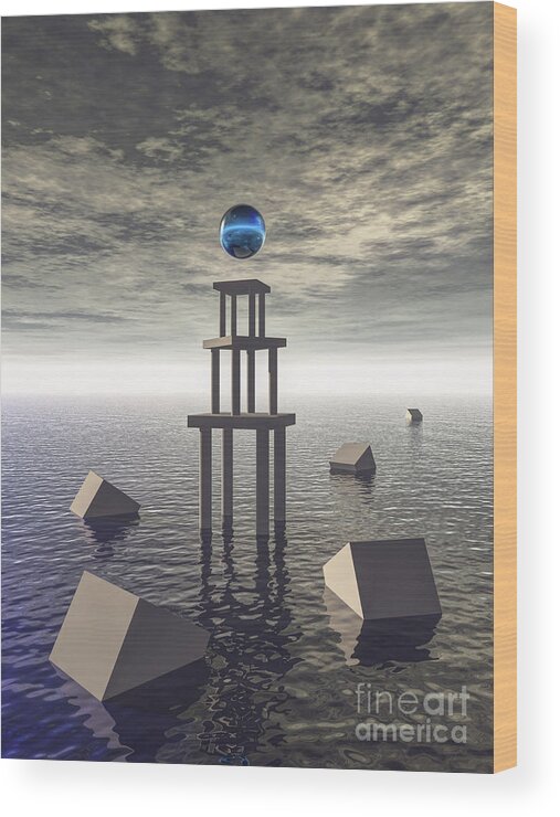 Structure Wood Print featuring the digital art Mysterious Tower At Sea by Phil Perkins