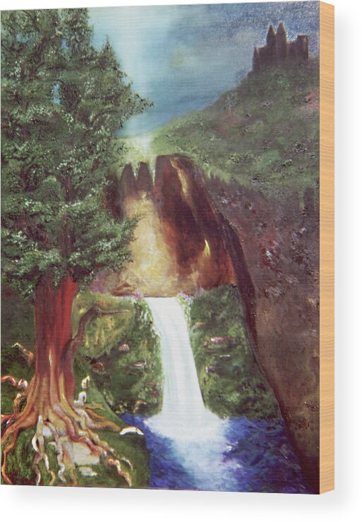 Fairytale Painting With Castles Wood Print featuring the painting Mystic Cliffs II by Anitra Boyt