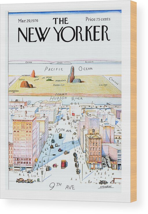 #condenastnewyorkercover Wood Print featuring the painting New Yorker March 29, 1976 by Saul Steinberg
