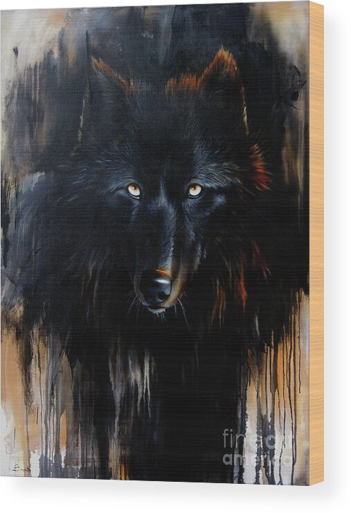 Wolf Wood Print featuring the painting Noir by Sandi Baker
