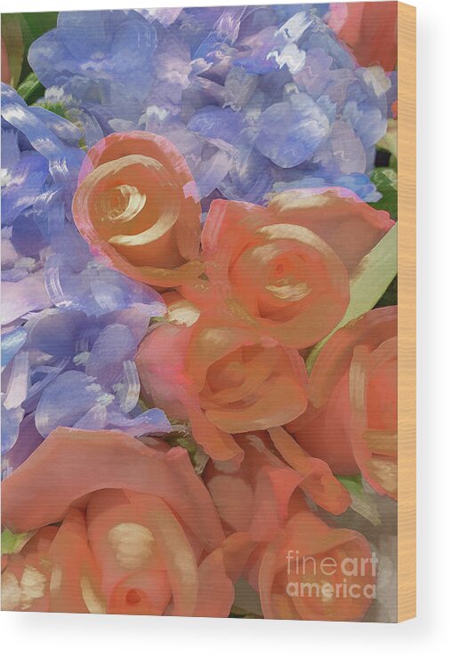 Abstract Wood Print featuring the photograph Orange rose and blue flower pastel by Phillip Rubino