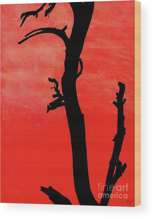 Sunset Wood Print featuring the drawing Orange Sunset Silhouette Tree by D Hackett