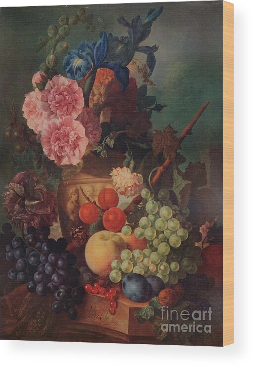 Vase Wood Print featuring the drawing Ornamental Vase Of Flowers And Fruit by Print Collector