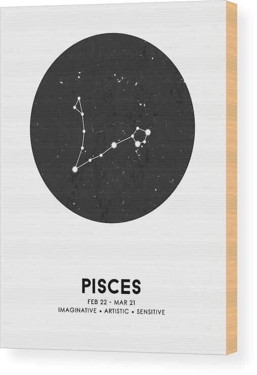 Pisces Wood Print featuring the mixed media Pisces Print - Zodiac Signs Print - Zodiac Posters - Pisces Poster - Night Sky - Pisces Traits by Studio Grafiikka
