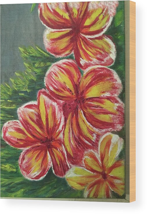 Plumeria Wood Print featuring the painting Plumeria Flower in Downtown Pahoa by Michael Silbaugh