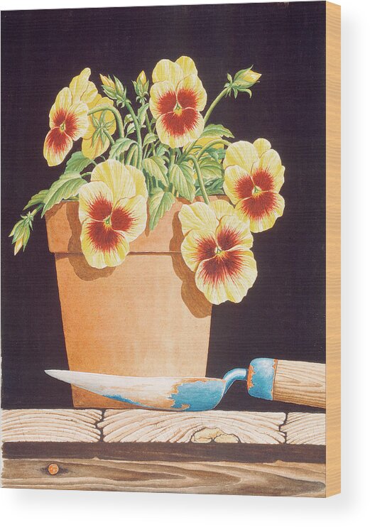 Pansies Wood Print featuring the painting Potted Pansies by Dempsey Essick