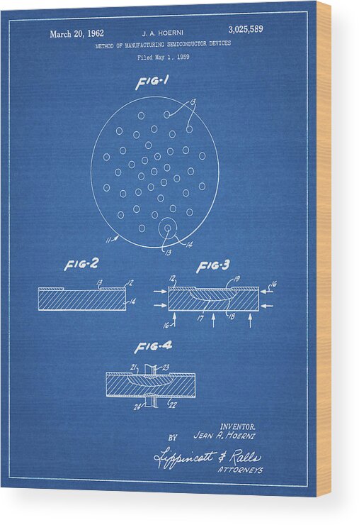 Pp1113-blueprint Transistor Semiconductor Patent Poster Wood Print featuring the digital art Pp1113-blueprint Transistor Semiconductor Patent Poster by Cole Borders