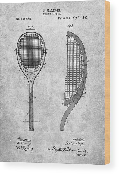 Pp1127-slate Vintage Tennis Racket 1891 Patent Poster Wood Print featuring the digital art Pp1127-slate Vintage Tennis Racket 1891 Patent Poster by Cole Borders