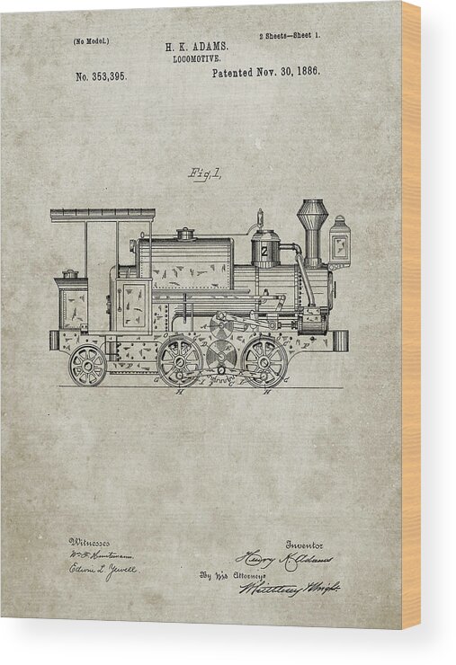 Pp122- Sandstone Steam Locomotive 1886 Patent Poster Wood Print featuring the digital art Pp122- Sandstone Steam Locomotive 1886 Patent Poster by Cole Borders