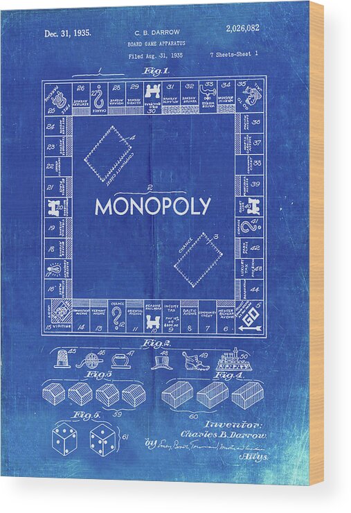 Pp131- Faded Blueprint Monopoly Patent Poster Wood Print featuring the digital art Pp131- Faded Blueprint Monopoly Patent Poster by Cole Borders
