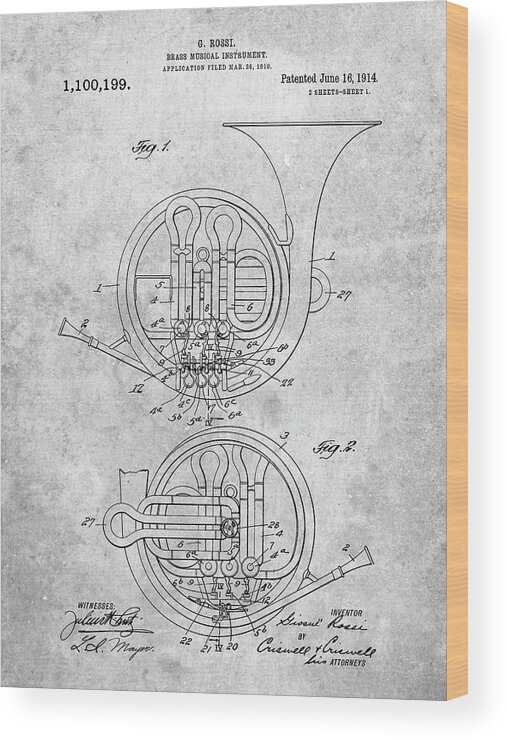 Pp188- French Horn 1914 Patent Poster Wood Print featuring the digital art Pp188- French Horn 1914 Patent Poster by Cole Borders