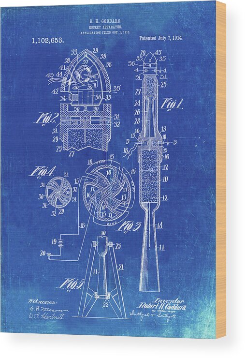 Pp230-faded Blueprint Robert Goddard Rocket Patent Poster Wood Print featuring the photograph Pp230-faded Blueprint Robert Goddard Rocket Patent Poster by Cole Borders