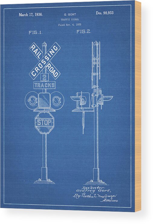 Pp231-blueprint Railroad Crossing Signal Patent Poster Wood Print featuring the digital art Pp231-blueprint Railroad Crossing Signal Patent Poster by Cole Borders