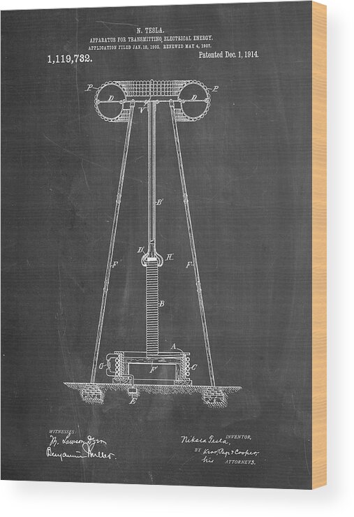 Pp241-chalkboard Tesla Energy Transmitter Patent Poster Wood Print featuring the digital art Pp241-chalkboard Tesla Energy Transmitter Patent Poster by Cole Borders