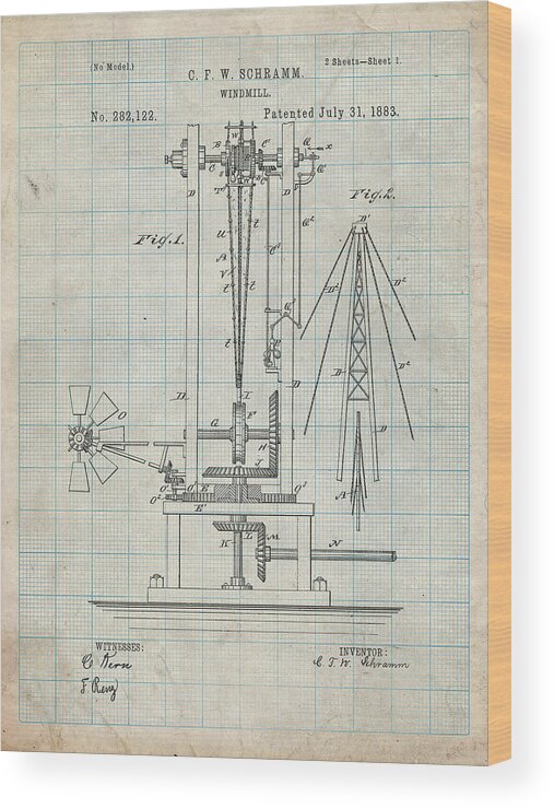 Pp26-antique Grid Parchment Windmill 1883 Patent Poster Wood Print featuring the digital art Pp26-antique Grid Parchment Windmill 1883 Patent Poster by Cole Borders