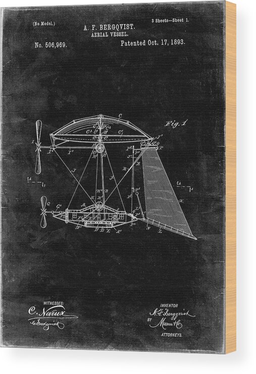 Pp287-black Grunge Aerial Vessel Side View Patent Poster Wood Print featuring the digital art Pp287-black Grunge Aerial Vessel Side View Patent Poster by Cole Borders