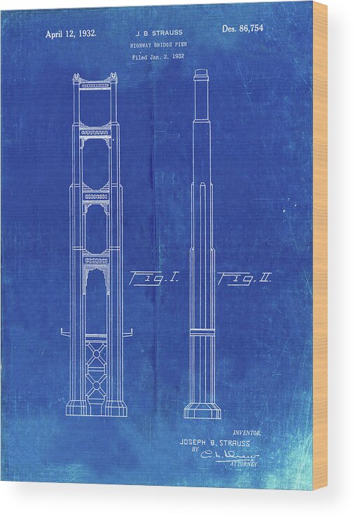 Pp321-faded Blueprint Golden Gate Bridge Main Tower Patent Poster Wood Print featuring the digital art Pp321-faded Blueprint Golden Gate Bridge Main Tower Patent Poster by Cole Borders