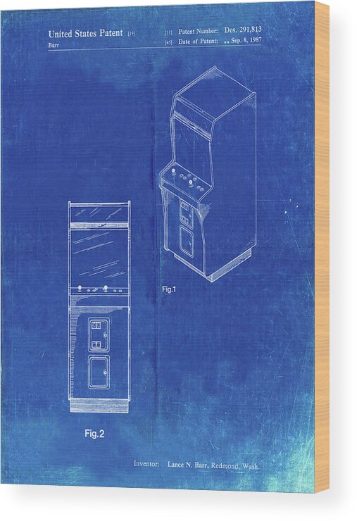 Pp357-faded Blueprint Arcade Game Cabinet Front Figure Patent Poster Wood Print featuring the digital art Pp357-faded Blueprint Arcade Game Cabinet Front Figure Patent Poster by Cole Borders