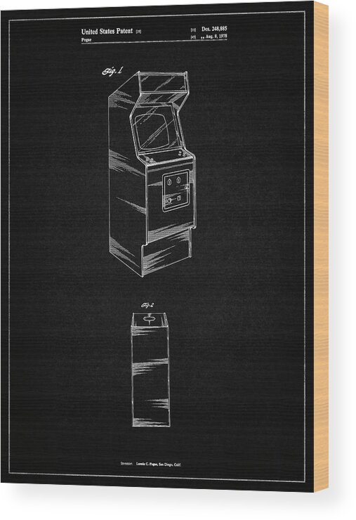 Pp362-vintage Black Arcade Game Cabinet Patent Poster Wood Print featuring the digital art Pp362-vintage Black Arcade Game Cabinet Patent Poster by Cole Borders