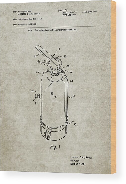 Pp396-sandstone Modern Fire Extinguisher Patent Poster Wood Print featuring the digital art Pp396-sandstone Modern Fire Extinguisher Patent Poster by Cole Borders