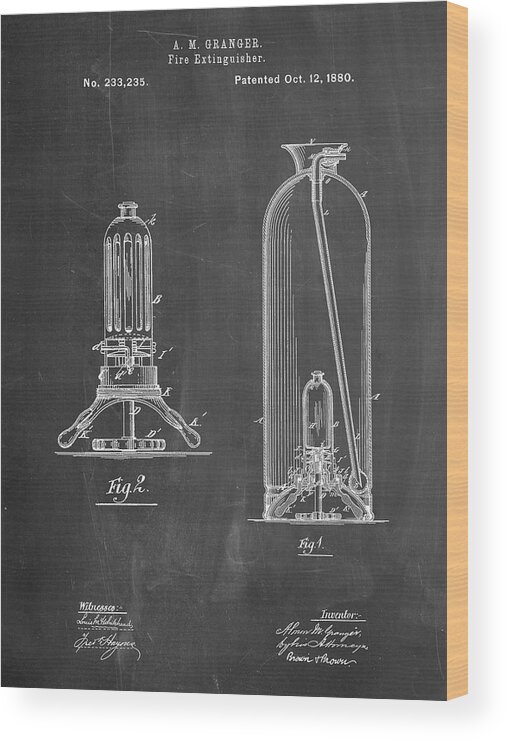 Pp461-chalkboard Antique Fire Extinguisher 1880 Patent Poster Wood Print featuring the digital art Pp461-chalkboard Antique Fire Extinguisher 1880 Patent Poster by Cole Borders