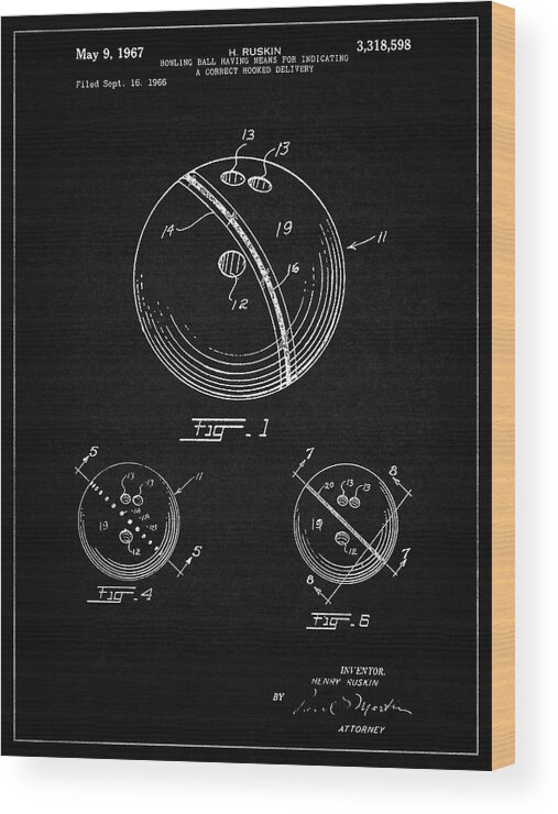 Pp493-vintage Black Bowling Ball 1967 Patent Poster Wood Print featuring the digital art Pp493-vintage Black Bowling Ball 1967 Patent Poster by Cole Borders