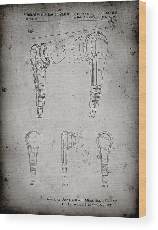 Pp686-faded Grey Ear Buds Patent Poster Wood Print featuring the digital art Pp686-faded Grey Ear Buds Patent Poster by Cole Borders