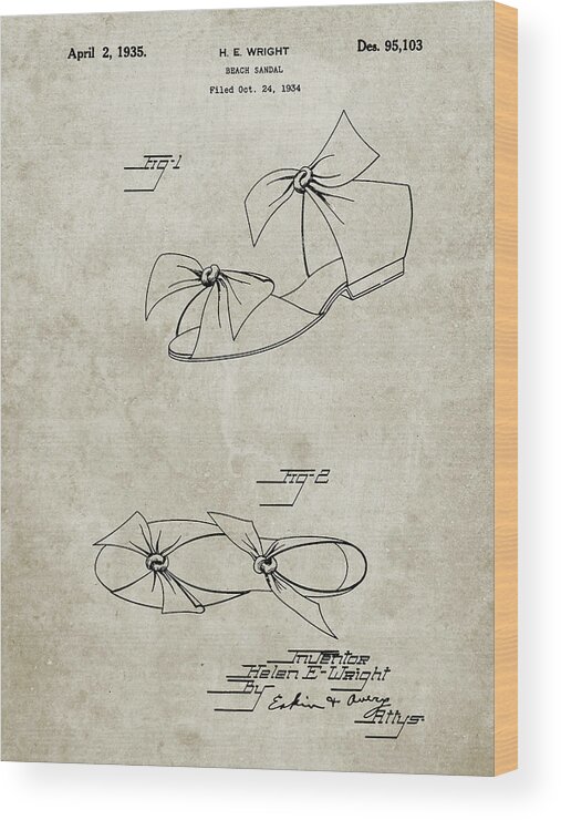 Pp722-sandstone Beach Sandal 1934 Patent Poster Wood Print featuring the digital art Pp722-sandstone Beach Sandal 1934 Patent Poster by Cole Borders