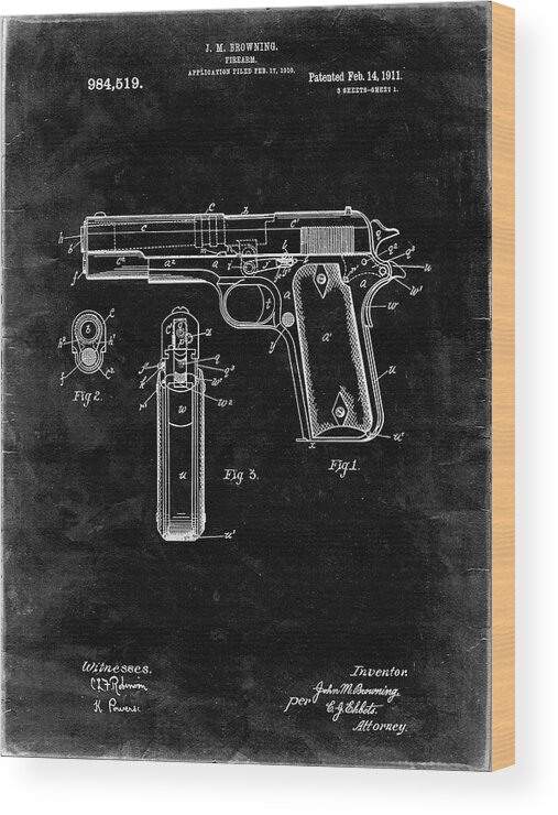 Pp76-black Grunge Colt 1911 Semi-automatic Pistol Patent Poster Wood Print featuring the digital art Pp76-black Grunge Colt 1911 Semi-automatic Pistol Patent Poster by Cole Borders
