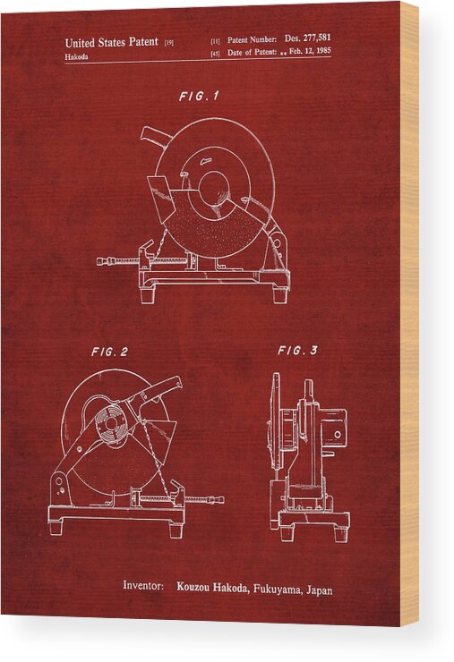 Pp762-burgundy Chop Saw Patent Poster Wood Print featuring the digital art Pp762-burgundy Chop Saw Patent Poster by Cole Borders