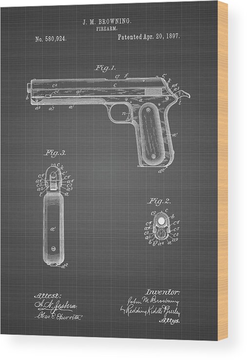 Pp770-black Grid Colt Automatic Pistol Of 1900 Patent Poster Wood Print featuring the digital art Pp770-black Grid Colt Automatic Pistol Of 1900 Patent Poster by Cole Borders