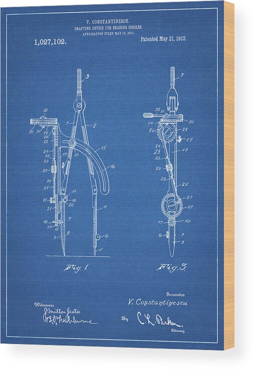 Pp785-blueprint Drafting Compass 1912 Patent Poster Wood Print featuring the digital art Pp785-blueprint Drafting Compass 1912 Patent Poster by Cole Borders