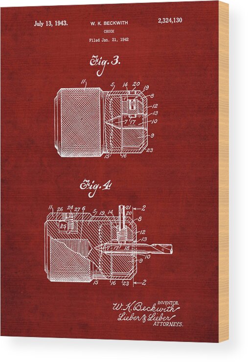 Pp787-burgundy Drill Chuck 1943 Patent Poster Wood Print featuring the digital art Pp787-burgundy Drill Chuck 1943 Patent Poster by Cole Borders