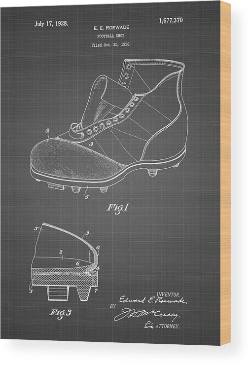 Pp823-black Grid Football Cleat 1928 Patent Poster Wood Print featuring the digital art Pp823-black Grid Football Cleat 1928 Patent Poster by Cole Borders