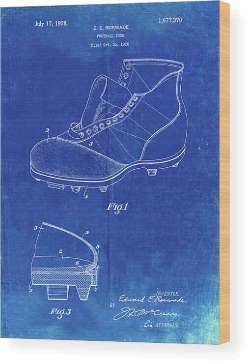 Pp823-faded Blueprint Football Cleat 1928 Patent Poster Wood Print featuring the digital art Pp823-faded Blueprint Football Cleat 1928 Patent Poster by Cole Borders