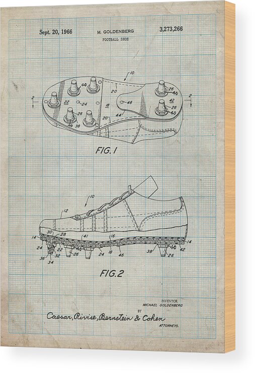 Pp824-antique Grid Parchment Football Cleat Patent Print Wood Print featuring the digital art Pp824-antique Grid Parchment Football Cleat Patent Print by Cole Borders