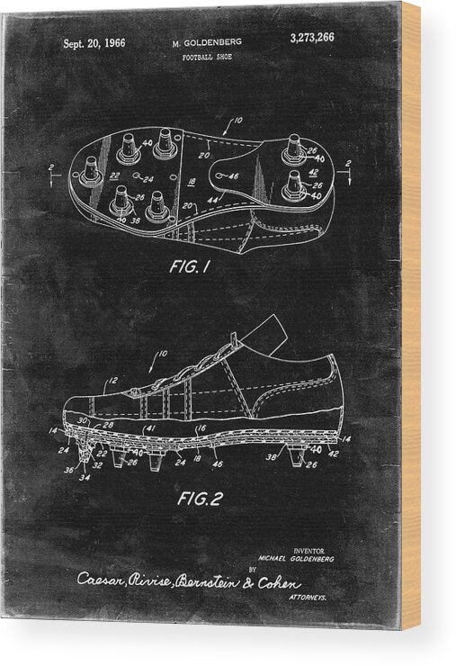 Pp824-black Grunge Football Cleat Patent Print Wood Print featuring the digital art Pp824-black Grunge Football Cleat Patent Print by Cole Borders