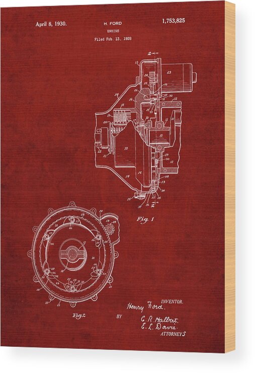 Pp841-burgundy Ford Engine 1930 Patent Poster Wood Print featuring the digital art Pp841-burgundy Ford Engine 1930 Patent Poster by Cole Borders
