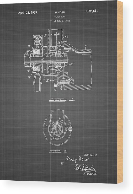 Pp850-black Grid Ford Water Pump Patent Poster Wood Print featuring the digital art Pp850-black Grid Ford Water Pump Patent Poster by Cole Borders