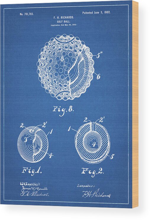Pp856-blueprint Golf Ball 1902 Patent Poster Wood Print featuring the digital art Pp856-blueprint Golf Ball 1902 Patent Poster by Cole Borders