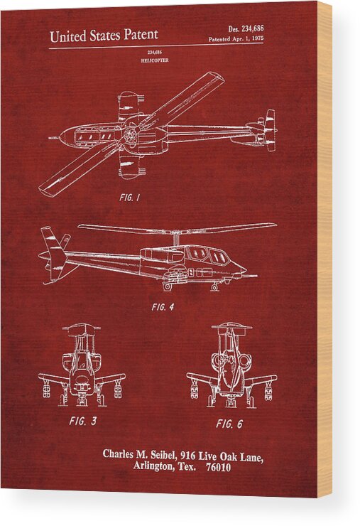 Pp876-burgundy Helicopter Patent Print Wood Print featuring the digital art Pp876-burgundy Helicopter Patent Print by Cole Borders