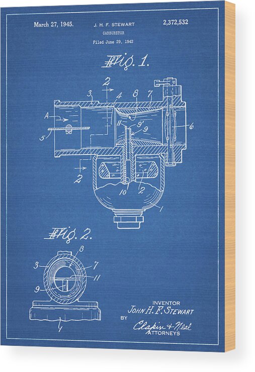 Pp891-blueprint Indian Motorcycle Carburetor Patent Poster Wood Print featuring the digital art Pp891-blueprint Indian Motorcycle Carburetor Patent Poster by Cole Borders